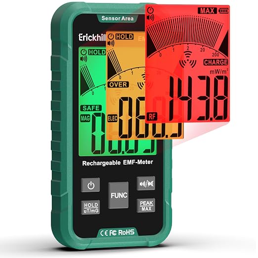 ERICKHILL EMF Detector, 3‑in‑1 Portable EMF Meter and Radiation Detector for RF, EF, MF, & WiFi Signal– EMF Reader with 3-Color Sound‑Light Alarm, Rechargeable Battery for Home, Office & Ghost Hunting