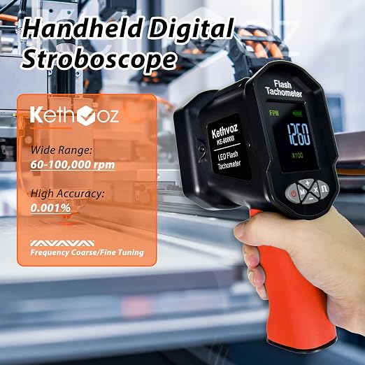 Kethvoz Digital Stroboscope Tachometer, High-Precision Non-Contact RPM Meter (60~100,000 RPM), LED Strobe Light with Phase Adjustment, 0.001% Accuracy for Motor, Fan, Generator & Engine