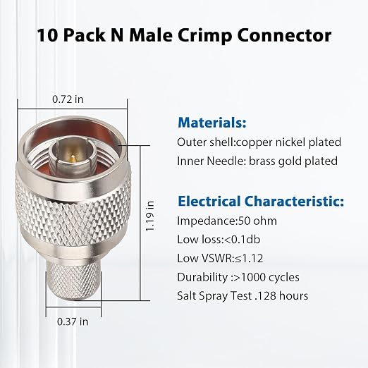 MOOKEERF N Male Crimp Connector 50 ohm N Male Plug Crimp Coax Connector Adapter for LMR400 RG8 RG8U RG213 Cable (Pack of 10)