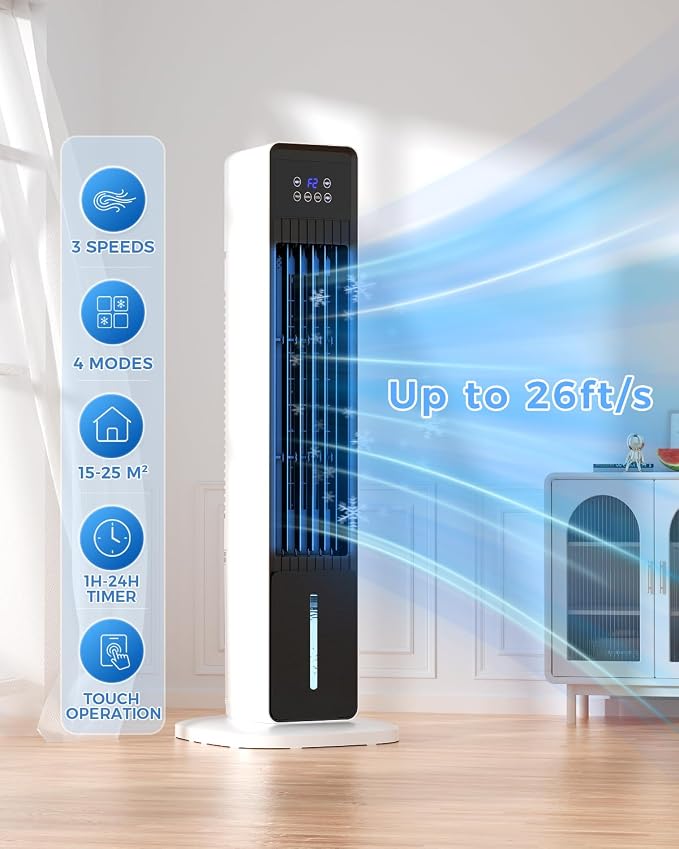Evaporative Air Cooler, 3-in-1 Portable AC Tower Fan Air Conditioner with 4 Modes & 3 Speeds, 24H Timer, Remote 60°Oscillating Tower Fan, Quiet Swamp Cooler, Tower AC for Bedroom Office, 36inch, Black
