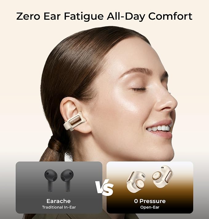LC-dolida Open-Ear Wireless Earbuds with Smart LED Display Case, Clip On Earbuds All-Day Comfort & Situational Awareness, Case Control for Volume, EQ, Music, Find My Earbuds & Camera, Timer (Cream)