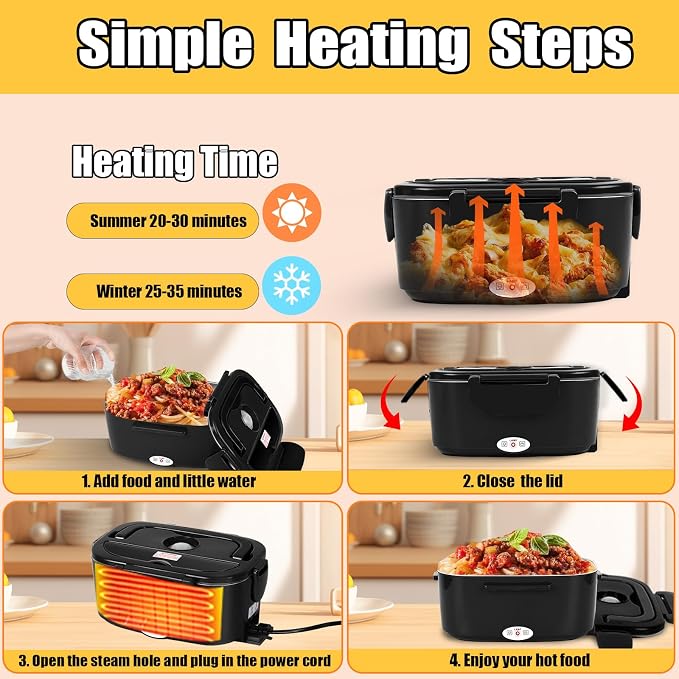 Electric Lunch Box for Adults, 80W Fast Heating Heated Lunch Box, 1.5L Dual 304 Stainless Steel Portable Food Warmer, 12/24/110V for Car Truck Work Travel, Lonchera Eléctrica Portátil(Black)