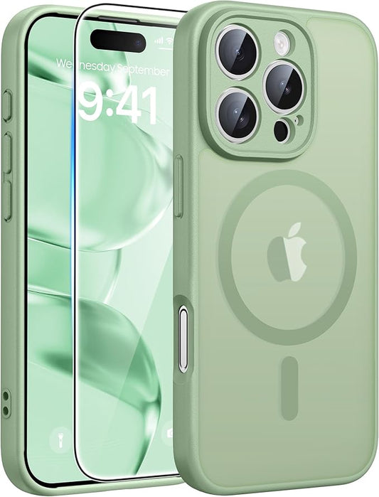 FNTCASE for iPhone 16 Pro Case: [Compatible with Magsafe] Translucent Matte Cases with [Full Camera Protection] [Screen Protector] Military Grade Shockproof Protective Phone Cover - Light Moss