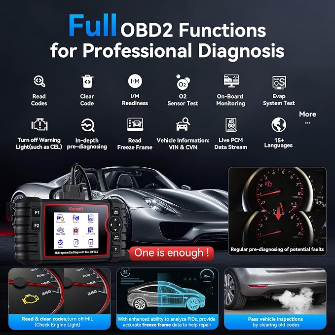 OBD2 Scanner iCarsoft CR V2.0 Diagnostic Tool with 8 Resets ABS Bleeding/SAS Calibration/Oil/EPB/ETC Reset, Full Systems Code Reader Scan Tools, ABS SRS Engine Transmission Battery Test Car Scanner