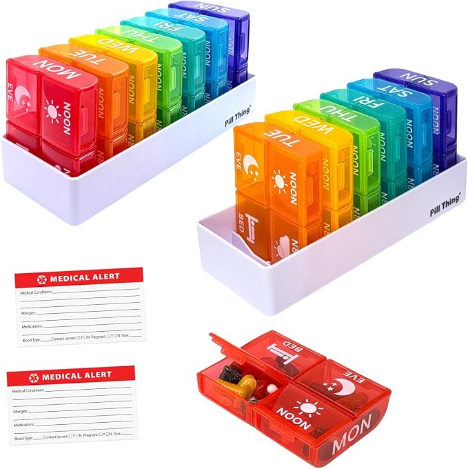 4 Times a Day, 7 Day Large Weekly Pill Organizer with Holder Tray, Vitamin, Medicine Box, Multicolor with Medical Alert Card (4X a Day - 2 Pack)