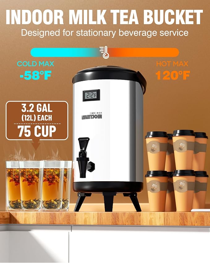 WantJoin Insulated Beverage Dispenser - 1-pack Thermal Hot and Cold Drink Dispenser with Spigot, Stainless Steel Premium 12 L/3.2 Gallon for Coffee & Hot tea,Cold Milk,Water,Juice (Silver)