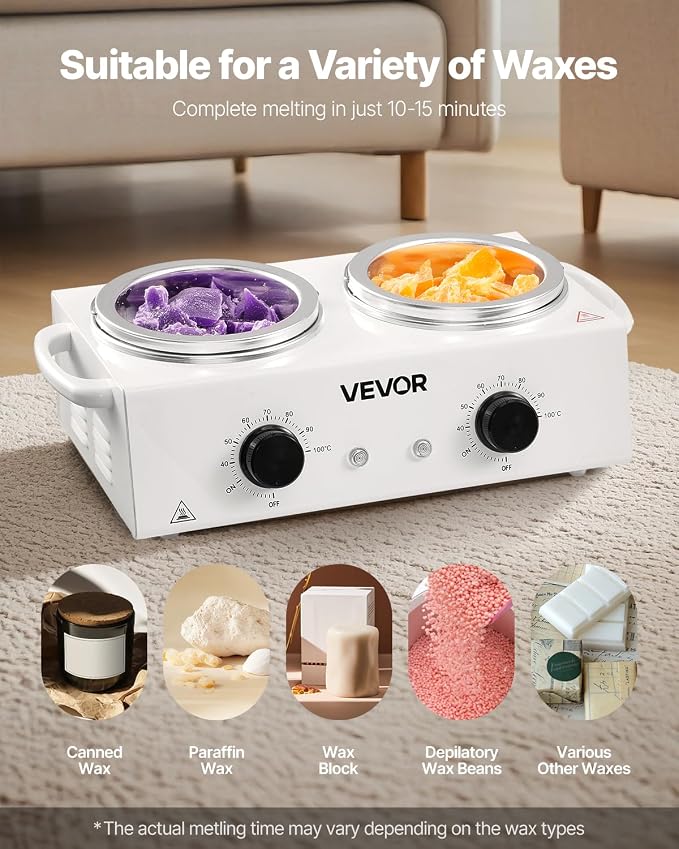 VEVOR Double Wax Warmer, 1200ML Professional Dual Wax Warmer for Hair Removal, 32 ℉ - 212℉ Adjustable Electric Waxing Heater Pot with 50PCS Waxing Sticks for Home Use, Beauty Salon, Spa