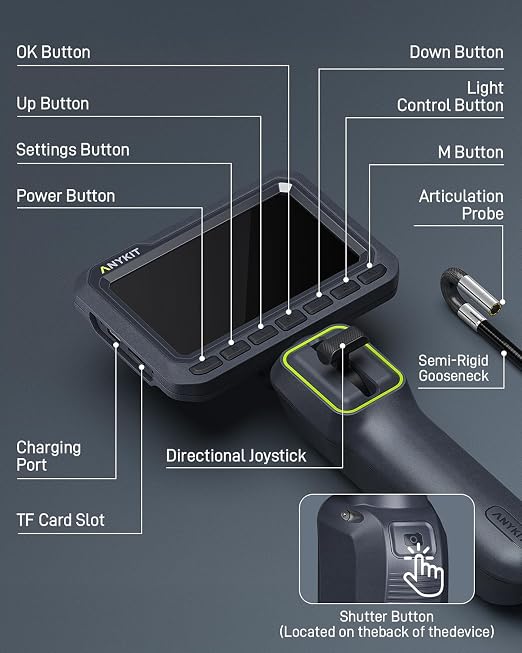 Anykit Articulating Borescope, 210° Two-Way 0.22in Slim Probe Endoscope with High-Brightness LED Lights, 4.3" IPS HD Video Inspection Snake Camera for Automotive Engine Inspect - 4FT