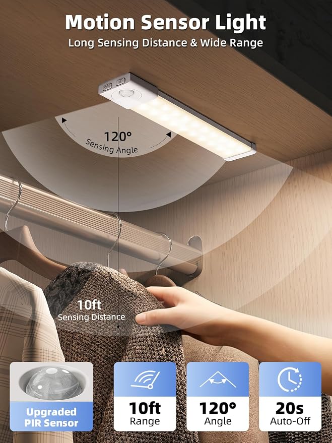 EZVALO 6 Pack 8 inch Under Cabinet Lighting with Charging Station, Rechargeable Motion Sensor Lights, Wireless Magnetic LED Closet Lights, 3 Color Temperatures, Dimmable for Kitchen, Pantry, Stair