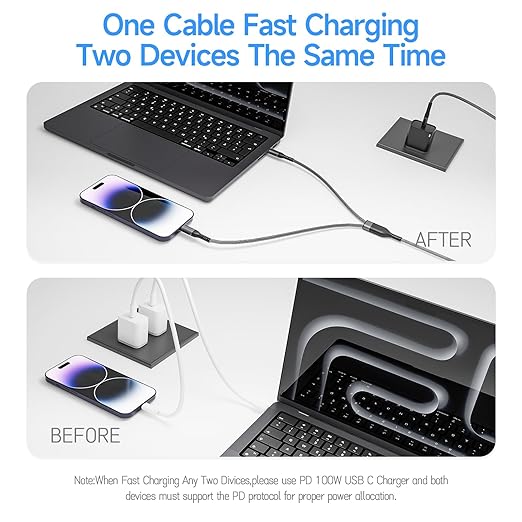 2 in 1 USB C to USB C/Lightning Cable 100W Max 6FT 1Pack,Multi Cable Simultaneous Fast Charging Compatible with MacBook Air/Pro/iPad/iPhone 17/16/15/14/13/12/11 Series,Galaxy S26/S25/24 Series/Pixel