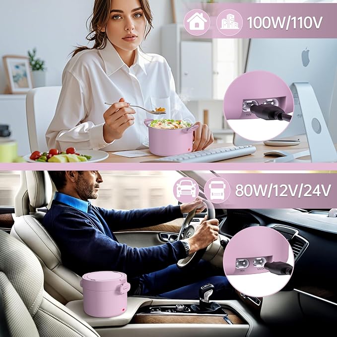 Electric Lunch Box Food Warmer, 34-Ounce Leakproof Portable Heated Lunch Container for Car, Truck, Office,Camping, 100W 12V/24V/110V/220V Bento Box Heater Gift For Women Men (Light Pink)