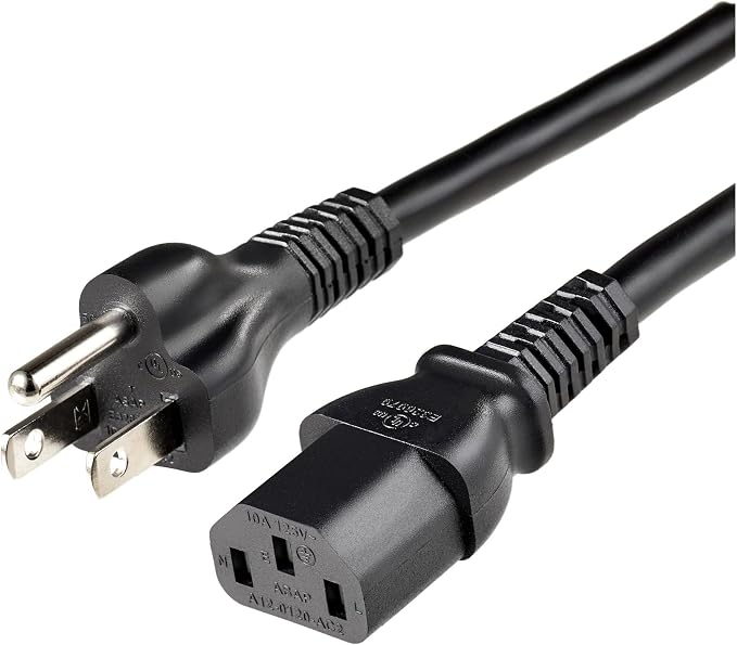 Amazon Basics PC Power Cord, 12 feet, Replacement AC Power Cord for Computer, Monitor, TV, Printer, 3 Prong, 18 AWG, 125 Volts, Black