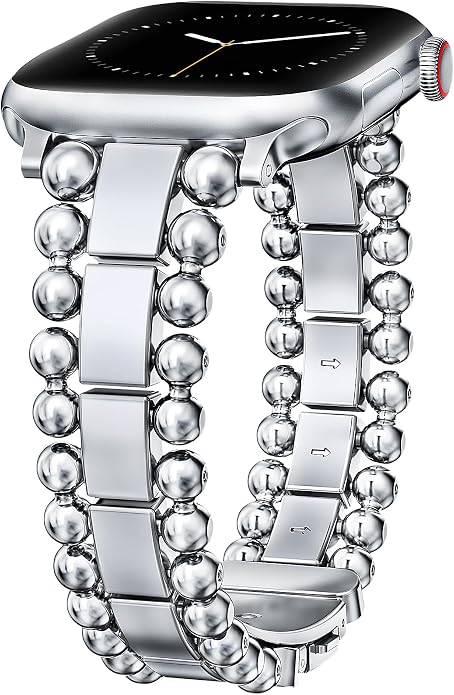 TOYOUTHS Beaded Bracelet Compatible with Apple Watch Bands 38/40/41/42/44/45/46/49mm Women, Dressy Fancy Stainless Steel Metal Elegant Jewelry Strap for iWatch Series 11 10 9 8 7 6 5 4 Ultra/SE 3 2 1