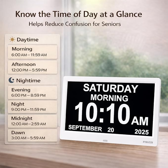 11.5'' Dementia Clocks for Seniors Extra Large, Senior Clocks with Day Date and Time, 20 Alarm Reminders, Easy-to-Read, Simple Setup, Plug-in, DST, White