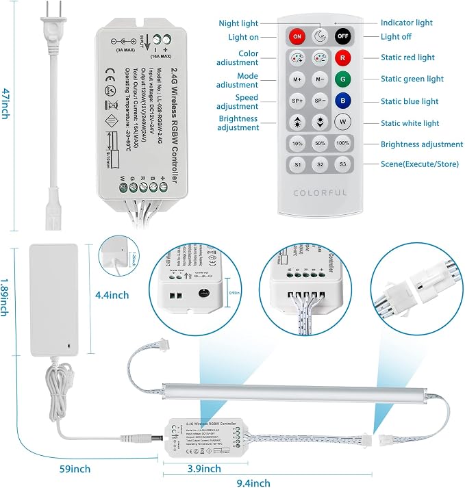 Litever Under Cabinet LED Lighting Kit. RGB Color & Bright Warm White Light. Slim Linkable LED Light Bars with Power Adapter, Controller, Extension Cords. Max 24W. Dimmable. Plug in. RGB + 3000K.