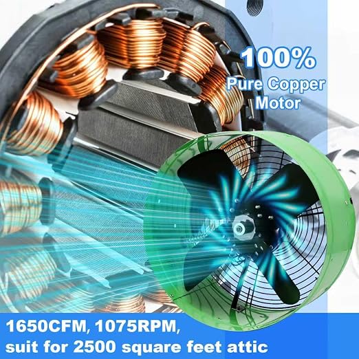 Vent Attic Fan with Adjustable Thermostat, 15" Gable Mount Ventilation Exhaust Fan 1650 CFM, 1075 RPM, 2500 SQ. FT. Attic Ventilator Green for Gable, Shed, Home