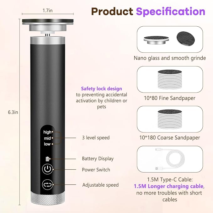 Electric Foot Callus Remover with Nano-Glass Head, Rechargeable Electric Foot File with Upgraded Powerful Metal Gear Motor, Premium Aluminum Cordless Callus Remover for Feet, Gifts for Men Women