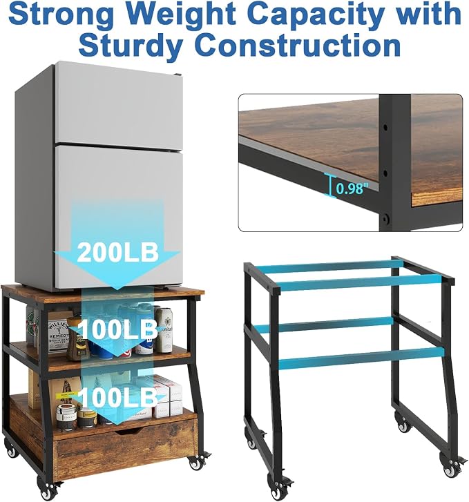 PUNCIA 23.6" x21.7" Mini Fridge Stand with Large Capacity Storage & Drawer | Heavy Duty Fridge Cart Rolling Beverage Refrigerator Table with Wheels Appliance Platform for Dorm Apartment Office Bedroom