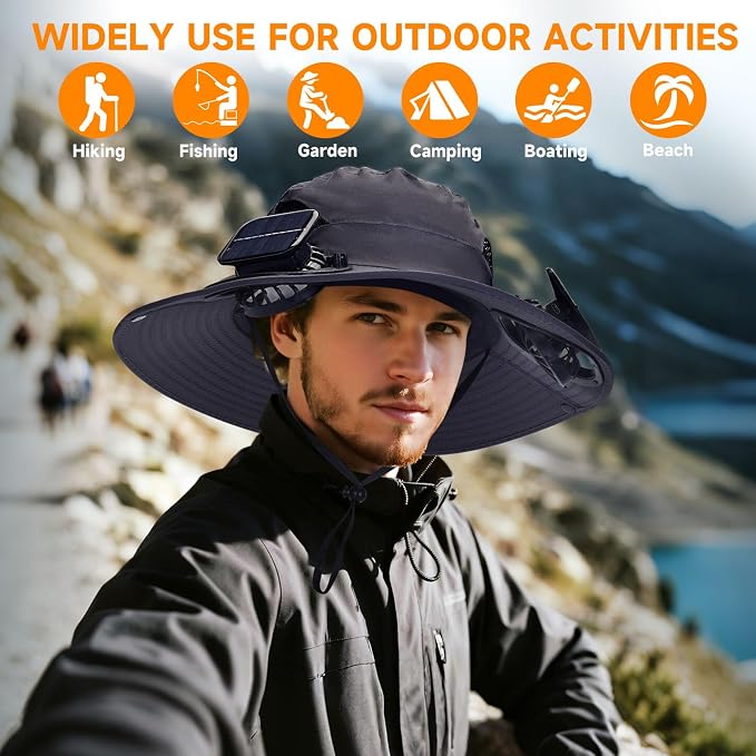 Fishing Hat with Built in Fan, Wide Brim Solar Fan Hat Outdoor Fishing, Solar & USB Charging Sun Bucket Hats for Men Women