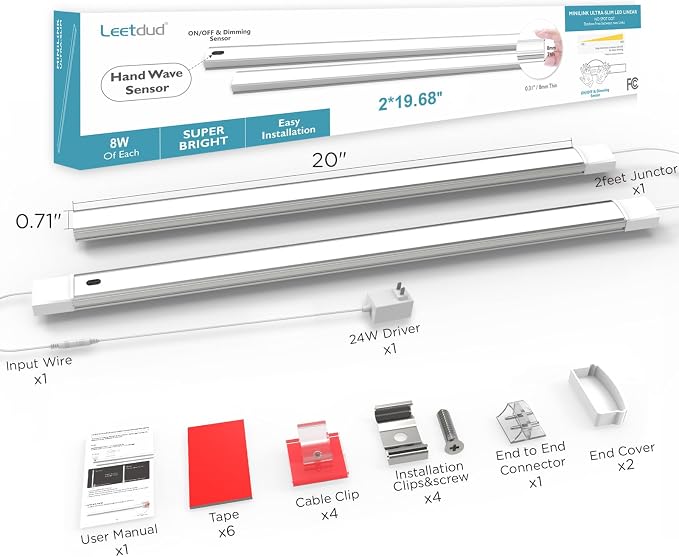 Leetdud Hand Wave Under Cabinet LED Lighting Plug in, 20 Inch 2 Pcs Dimmable Linkable Ultra Thin Aluminum Alloy Housing, 4000K Natural White Motion Sensor Counter Lights for Kitchen, Shelf, Cupboard