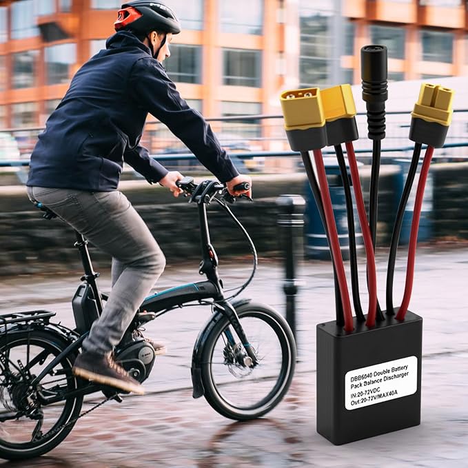 Electric Bike Dual Battery Discharge Converter, 20V-72V Dual Battery Parallel Module Adapter for Batteries and Controllers (40A), Includes Charging Cable