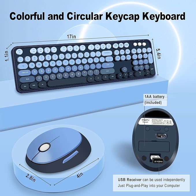 Kootop Wireless Keyboard and Mouse Combo, Cute Colorful 104 Keys Typewriter Retro Round Keycaps Keyboard for PC Laptop,Desktop,Windows, Home and Office Keyboards(Blue)