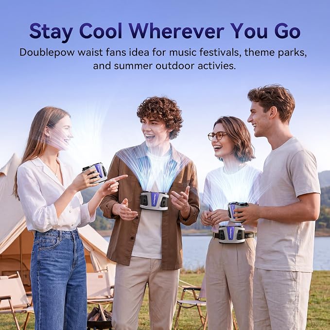 Doublepow 24000mAh Portable Waist Fan, Personal Fan, Dual Air Ducts Motors, 2026 Upgrade Equipped Charging Dock Storm Mode 1-100 Roller Adjustmen, Wearable Neck Clip On Belt, for Outdoor, Work (Gray)