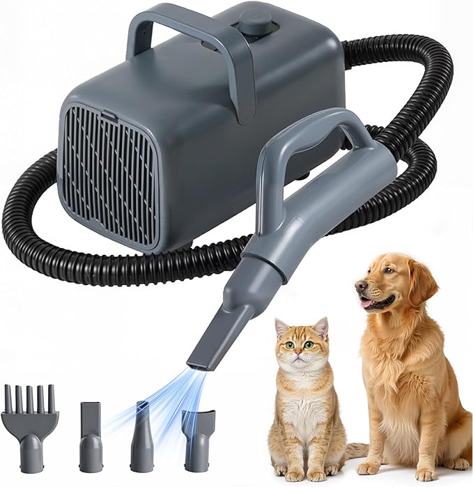Dog Hair Dryer, Low Noise Pet Dryer for Cats, 1550W High Velocity Pet Blow with Heater for Grooming, Dogs Other Animals Hair Trimmer, Grey