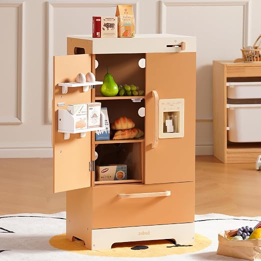 ROBUD Wooden Play Kitchen Fridge, Toy Kitchen Refrigerator, Kids Fridge Freezer Set with Ice Maker, Kitchen Playset Gift for Kids & Toddlers, Age 3+ (Caramel)