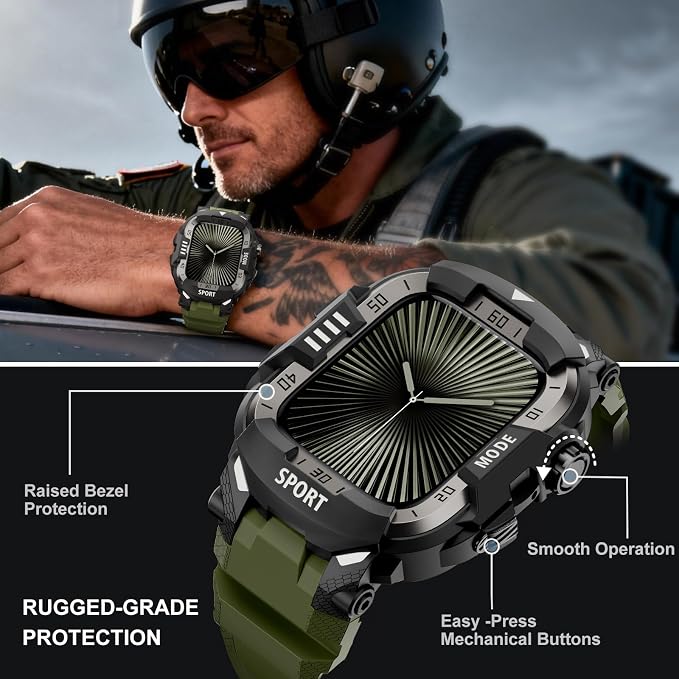 DABAOZA Rugged Case with Band Compatible with Apple Watch 46mm, for iWatch Series 11/10,Military Grade Shockproof Bumper and Men's Tactical Heavy Duty Strap(Army Green,46MM)
