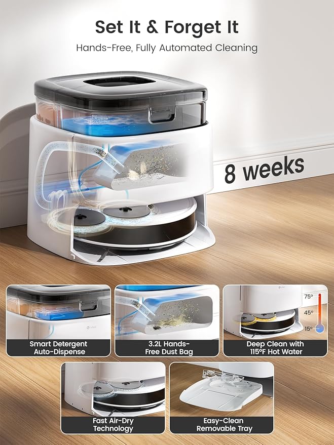 Lefant Robot Vacuum and Mop, 12000Pa Suction,Multifunctional Dock with Hot Water Self-Cleaning&Drying, Obstacle Avoidance,90-Day Self-Emptying, 5G WiFi Alexa/APP/iWatch Control, M3