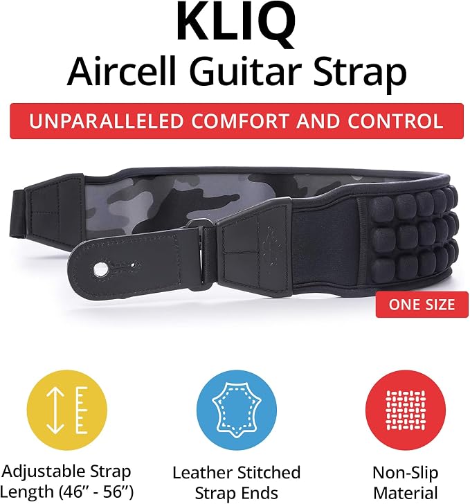 KLIQ AirCell Guitar Strap for Bass & Electric Guitar with 3" Wide Neoprene Pad and Adjustable Length