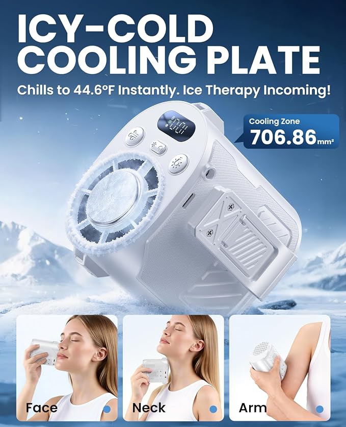 Portable Waist Fan with Ice Cooling, 4-in-1 Clip-On Fan for Car/Shirt/Belt, 16000RPM Strong Airflow, 12H Runtime, 100 Speed Settings, Wearable Fan for Outdoor Work Camping Travel White