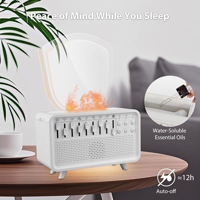 White Noise Machine with Humidifier, Essential Oil Diffuser & Bluetooth Speaker, Portable Night Light, 8 Natural Sounds Style Mixer with Auto-Off Timer for Baby, Kids, Adults, Bedroom, Office