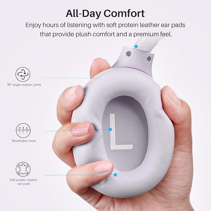 TOZO HT3 Hybrid Noise Cancelling Headphones, 90H Battery Life Wireless Over Ear Bluetooth 6.0 Foldable Headset, AI Voice Assistant with 5 Mics, Connect 2 Devices & Hi-Res Sound, 32 Audio EQ, with Case