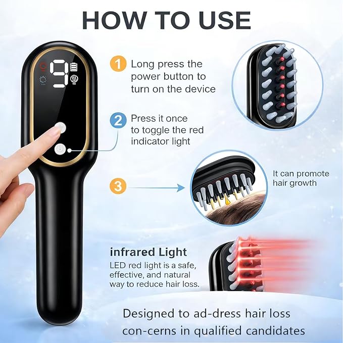 Obiredk ㅤLaser Hair Growth Comb, 650nm Red Light Therapy for Hair Regrowth, FDA Cleared LLLT Scalp Massager for Thinning Hair & Receding Hairline Rechargeable - Black