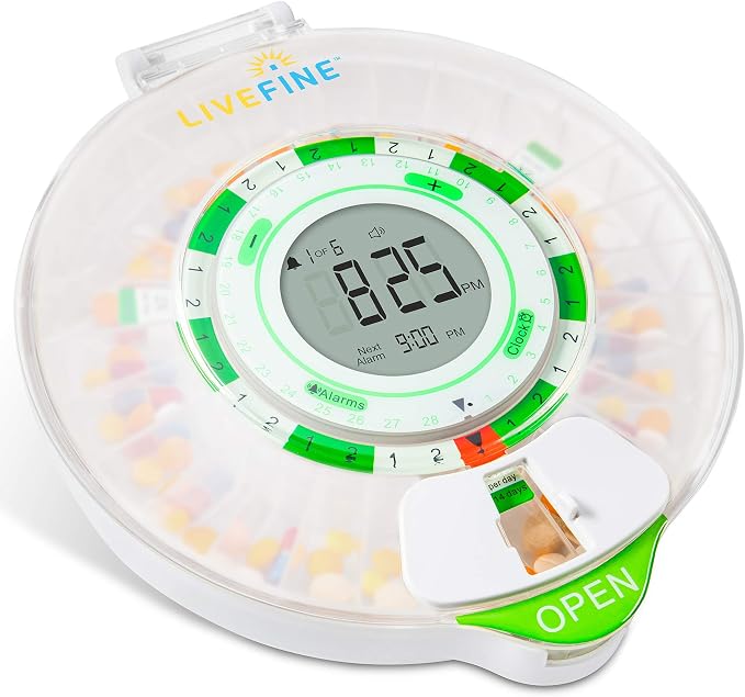 Live Fine 28-Day Automatic Pill Dispenser with Upgraded LCD Display, Key Lock, Sound & Light for Prescriptions, Medication, Vitamins, Supplements & More