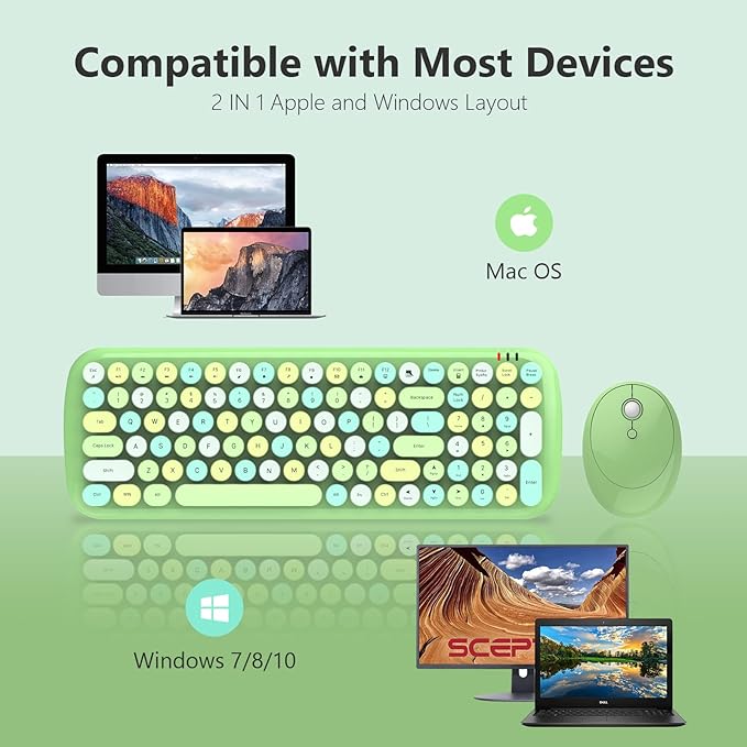 MOFII Wireless Keyboard and Mouse Combo, 2.4GHz RF, Green Colorful, Indoor, 33ft Range, Plug & Play