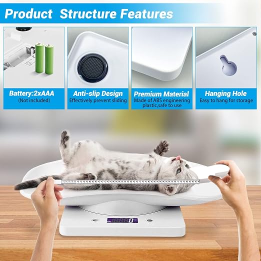 Digital Pet Scale with Tape Measure, Small Animal Scale with LCD Display, Multifunction Kitchen Food Scale, Electronic Puppy Weight Tracking Scale for Kitten, Hamster, Hedgehog, Reptile, Newborn Pet