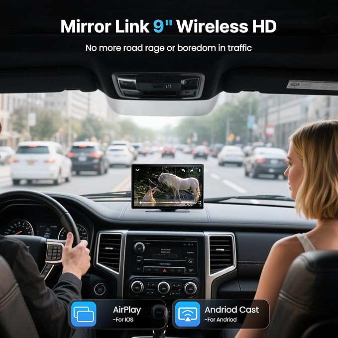 9''HD Carplay Screen for Car 4K Dash Cam&1080P Backup Camera with Apple Carplay&Android Auto Voice Control GPS DVR Call Music Message Mirror Link Airplay/Android Cast Fit Pickup Truck SUV MPV RV