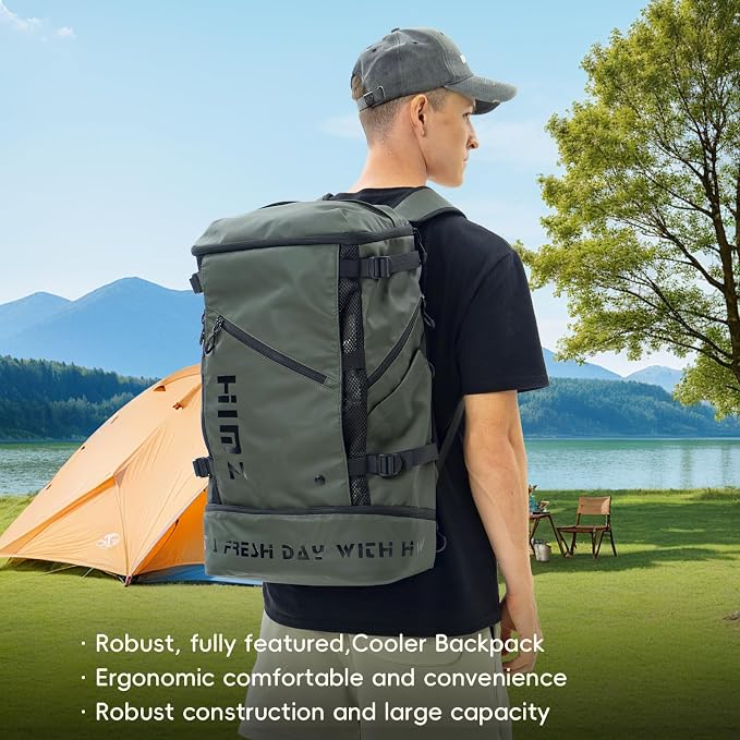 Camping Backpack with Lunch Compartment, Water Resistant Mens Backpack Insulated for Work, 17 inch Laptop Bag, Carry On Backpacks for Airplane Beach Travel, Green