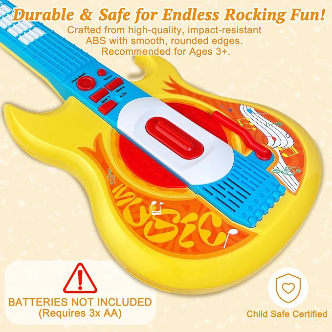 Sealive Toy Guitar for Kids Ages 3-5, 22 Inch Electric Guitar with Strap | Toy Guitar for Toddler 3-5, Pretend Play, Music Learning, Birthday Gift, Flashing Lights, Realistic Strumming, Yellow