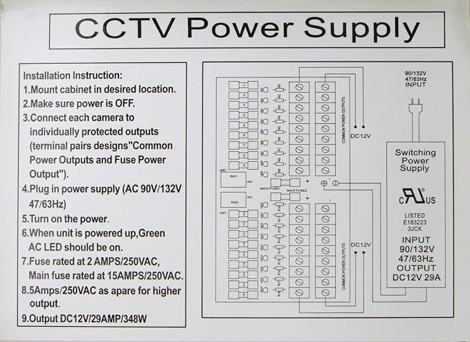 18 Output 29 Amp 12V DC CCTV Distributed Power Supply Box for Security Camera, UL Listed