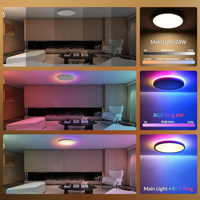 2 Pack Smart RGB LED Ceiling Light with Remote, 12" WiFi Flush Mount Ceiling Light Works with Alexa & Google Home, 24W=2640LM Dimmable, DIY Colors & 2700K-6500K, for Bedroom Living Room