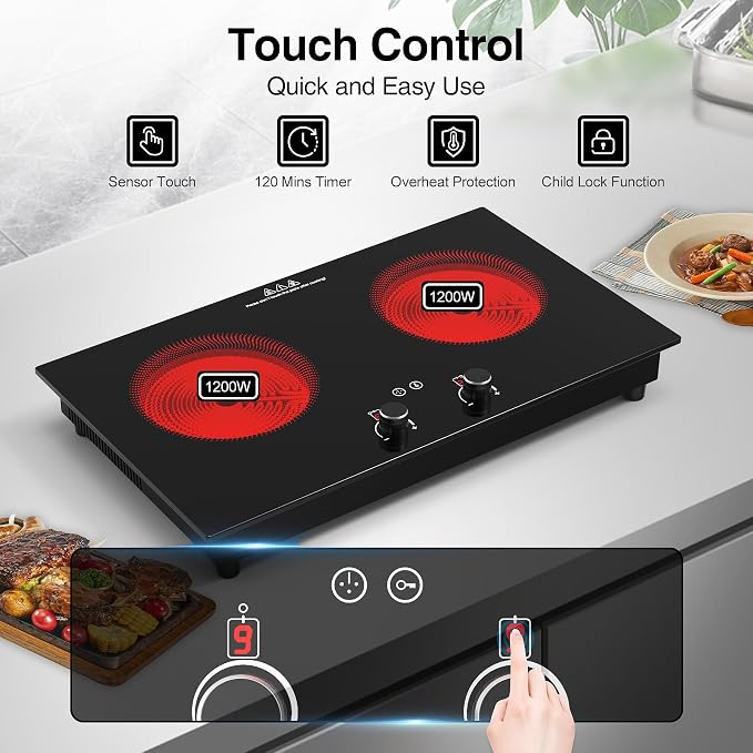 VBGK Electric Cooktop,2400W Electric Stove Top,Countertop and Built-in Hot Plate with Child Safety Lock, Timer, LED touch Knob Control,Overheat Protection,110V 2 Burner Induction Cooktop