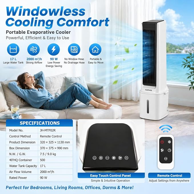 White and Black Portable Air Conditioner Fan, Evaporative Air Cooler with Remote Control, 3 Fan Speeds, 1600ml Water Tank, 2/4/8 Hour Timer, Adjustable Airflow, for Bedroom Office Desk