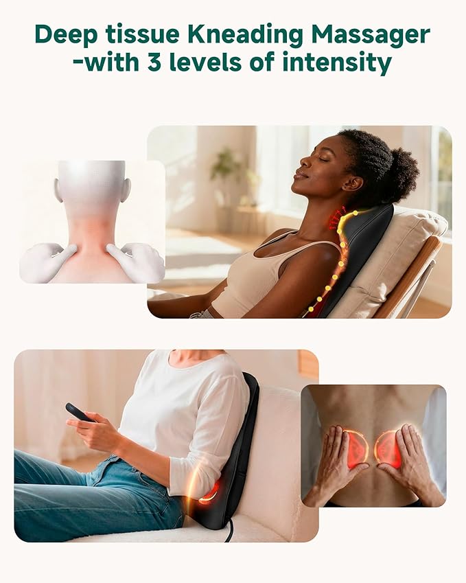 Snailax Shiatsu Back Massager with Heat, Neck Shoulder Massager for Pain Relief Deep Tissue, 4D Kneading Back Massage Pillow, 3 Speed/3 Modes Portable for Home Office Car Use