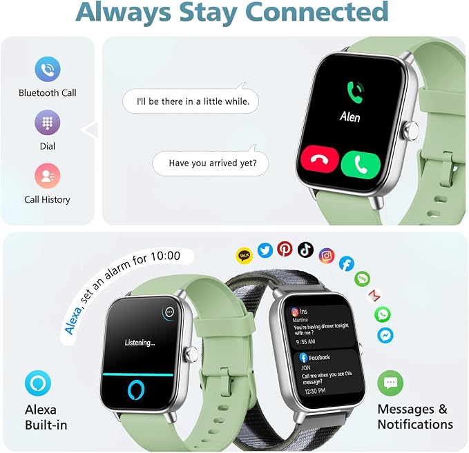 Smart Watch for Women Men, 1.85" Alexa Fitness Tracker with Call & SMS, Heart Rate, SpO2, Stress & Sleep Monitor, IP68 Waterproof Smartwatch for Android iPhone Samsung etc., 100+ Sports Modes, 2 Bands