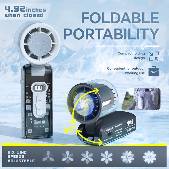 USB-C Rechargeable Cooling Handheld Fan, Portable Mini Turbo Fan with LED Flashlight & Cold Touch Plate, Foldable with Lanyard for Travel, Office Desk, Personal Quiet Cooling, Indoor/Outdoor Use