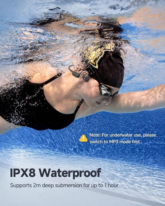 PSIER Bone Conduction Headphones IPX8 Waterproof Swimming Headphones with MP3 Mode 32GB Memory, Open Ear Headphones with AI Music Generation 8 Hours Playtime Bluetooth 6.0 for Running and Fitness